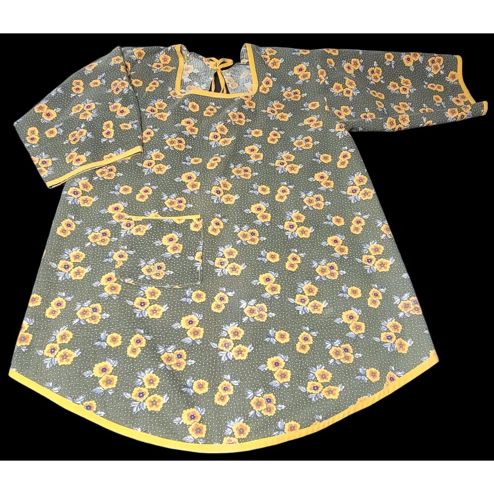 Classic Homemade Full Apron Women Green Yellow Floral 3/4 Sleeve Back Tie - Picture 2 of 13